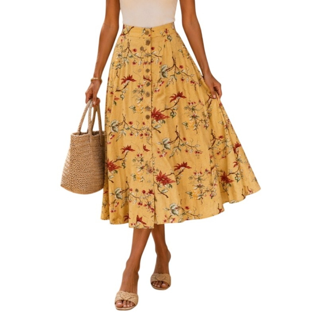 Vtg Napa Valley Rayon Floral Midi Skirt L Yellow Button Front Pleated Prairie